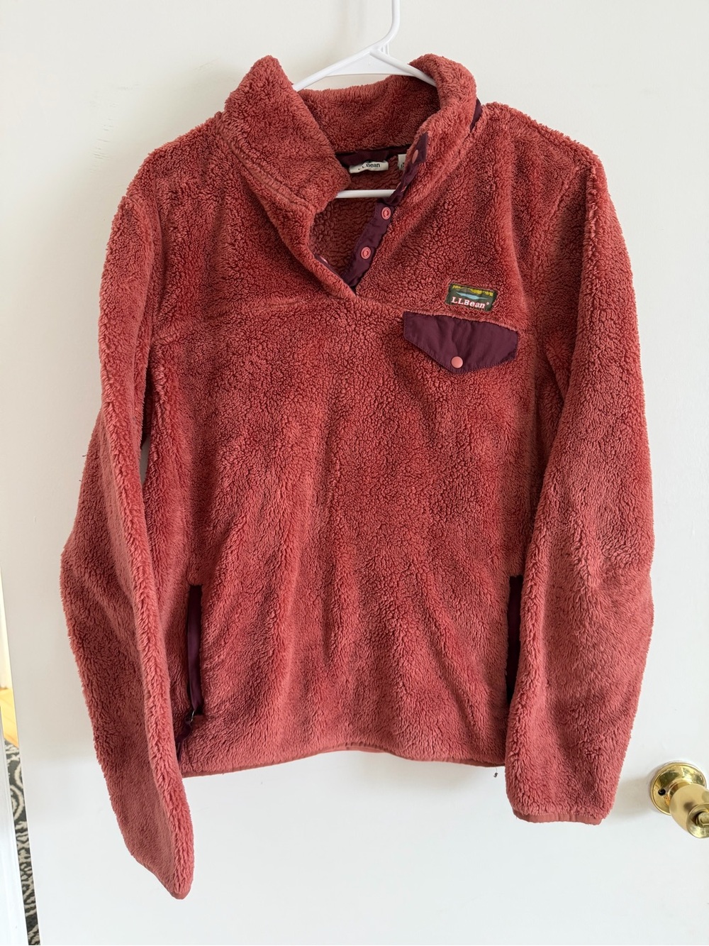 L.L.Bean Women’s Hi-Pile Fleece Pullover Medium Coral Pink Snap Neck